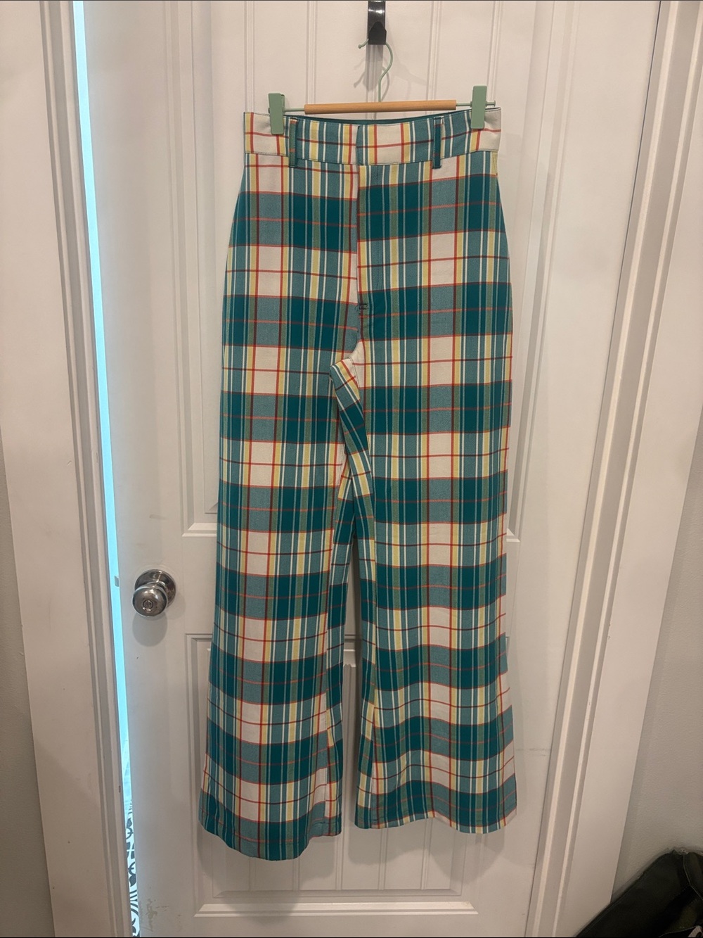 Free People Teal and Cream Plaid Wide-Leg Trousers